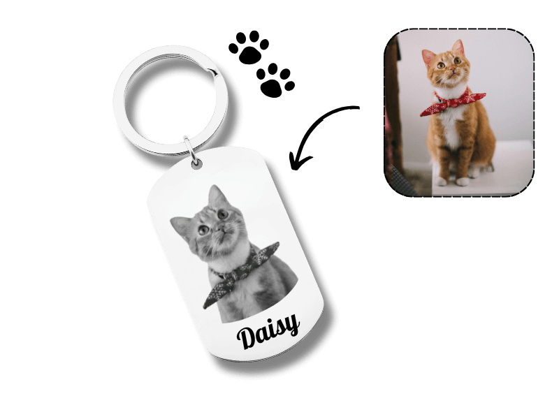 personlig silver kattnyckelring med graverat foto och namn daisy